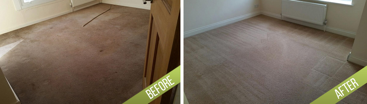 A side-by-side comparison of a room floor before and after professional cleaning services in Istead Rise. The 'before' image shows a beige carpet with visible stains, indentations, and wear marks, indicating a need for deep cleaning. The room has cream-colored walls, a white skirting board, and a wooden door partially visible. The lighting appears natural but slightly dull due to dirt and stains. The 'after' image displays a noticeably cleaner, lighter-colored carpet with a more uniform appearance and no visible stains or marks, reflecting thorough vacuuming and cleaning. The room remains the same size, with the same wall and radiator visible, but the carpet's surface looks refreshed and well-maintained, enhancing the overall ambiance. This transformation highlights how professional residential cleaning, such as those offered by Tidy Up in DA10, can significantly improve the condition and appearance of room surfaces, contributing to a cleaner, more inviting living space in Istead Rise.