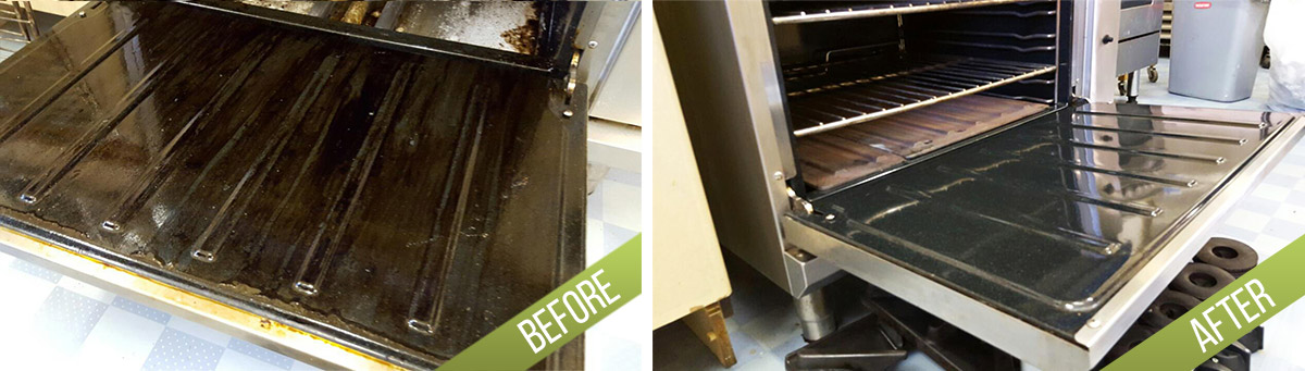 Close-up comparison images of a commercial oven door, showing the interior surface before and after professional cleaning. The 'before' section displays a stainless steel oven interior with visible grease, grime, and burnt-on residue along the oven floor and sides. The surface appears dull and stained, indicating it has not been recently cleaned. The 'after' section reveals the same oven interior thoroughly cleaned, with a shiny, polished stainless steel surface free of grease and stains. The oven floor looks spotless and reflective, with no visible residue, indicating a high standard of cleaning. The images are set in a commercial kitchen environment, with the oven positioned on a tiled floor. The second image shows the interior with clean, polished racks and an overall pristine appearance, highlighting the results of professional cleaning services provided by Tidy Up in Erith, DA8. The comparison underscores the importance of regular maintenance for commercial kitchen equipment to ensure hygiene and operational efficiency.