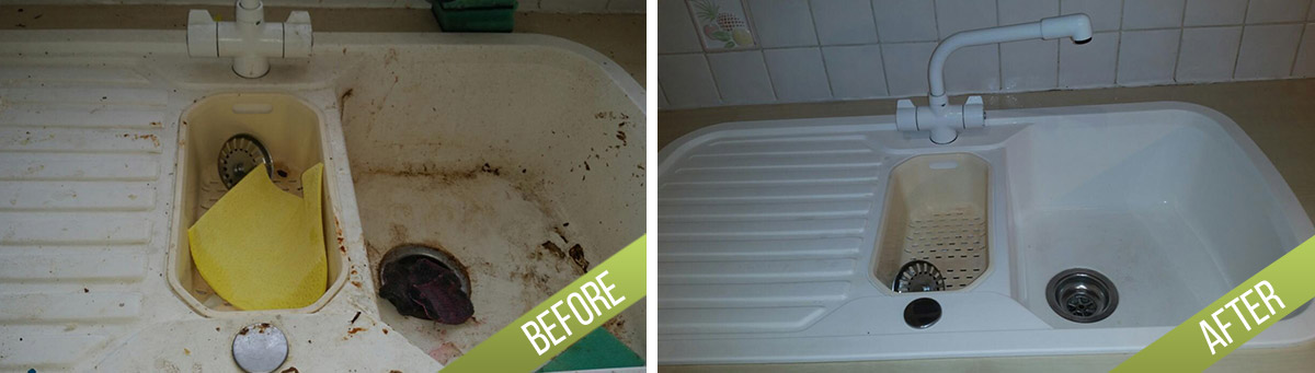 The image displays a side-by-side comparison of a kitchen sink area before and after cleaning. The 'before' section shows a beige, plastic single-basin sink with visible stains, grime, and rust around the edges and on the surface. The sink includes a small, attached draining board on the left side, and there is a yellow cleaning sponge inside the basin. The surrounding area features a tiled wall with some dirt and residue. In the 'after' section, the same sink appears thoroughly cleaned, with a bright white finish, free of stains or grime, and the surface looks polished and dry. The draining board is now clear and spotless, and the surrounding tiles, although partially visible, seem cleaner and more hygienic. The image exemplifies professional cleaning processes that a company like Tidy Up, operating in Todworth with postcode KT20, might perform in residential kitchens to restore surfaces to a high standard of cleanliness and hygiene, reflecting standard practices in kitchens within local homes or small commercial premises in the area.