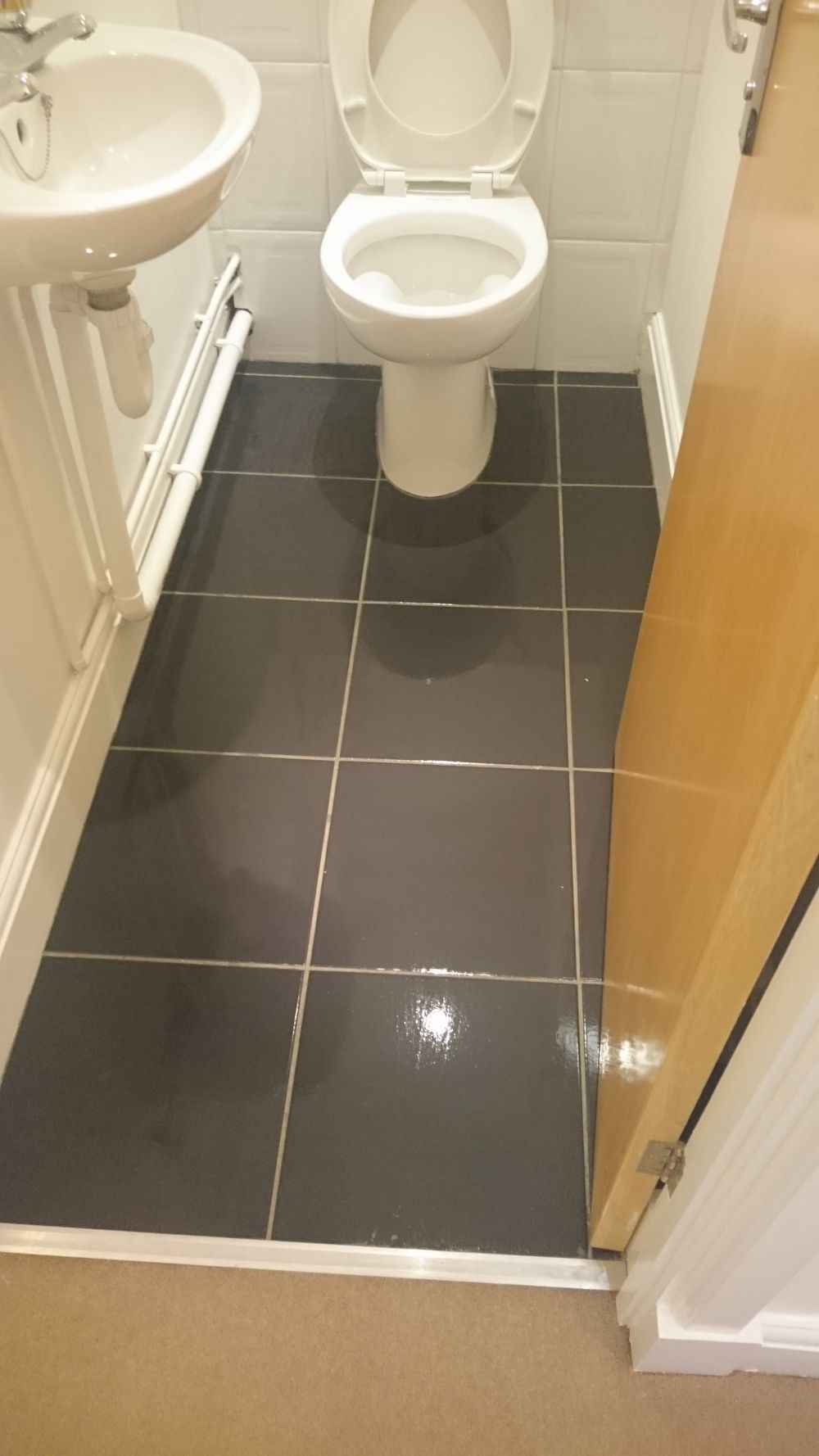 A small, clean bathroom in a residential property with black polished ceramic floor tiles and white tiled walls. The bathroom includes a white ceramic toilet with the lid open, positioned centrally in the image, and a compact white sink with a chrome faucet visible to the left of the toilet. The sink area shows exposed white plumbing underneath. The adjacent door, made of light wood, is partially open, revealing the room’s corner. The lighting in the room is bright and even, highlighting the tidy appearance of the space, which is typical of professional cleaning services like those offered by Tidy Up in Tring, HP23. The overall condition of the bathroom appears well-maintained, dry, and free of clutter or stains, reflecting a high standard of cleanliness suitable for residential or commercial properties in the local area.